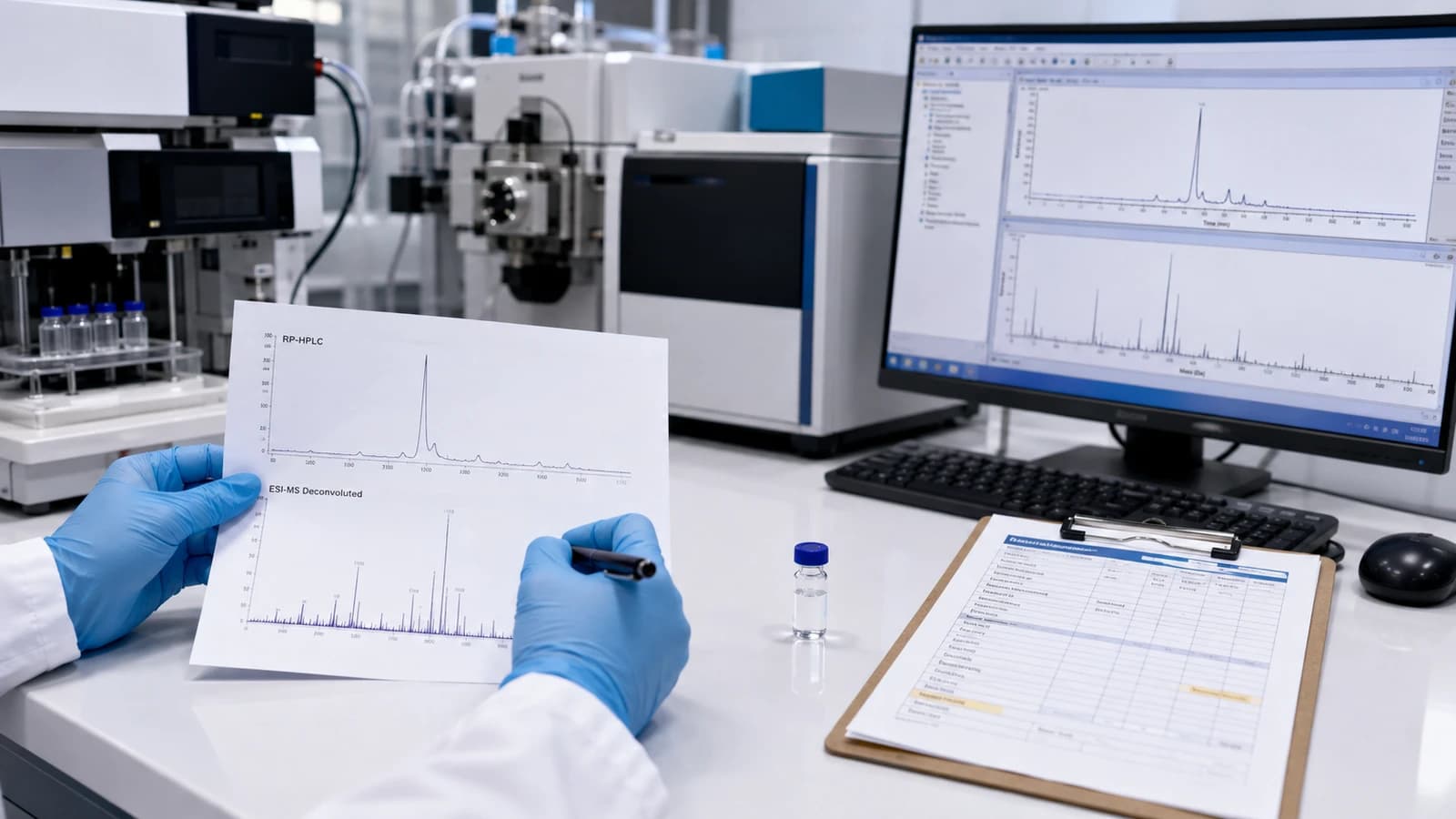 Quality control analyst auditing an RP-HPLC chromatogram and ESI-MS spectrum for a peptide batch certificate of analysis
