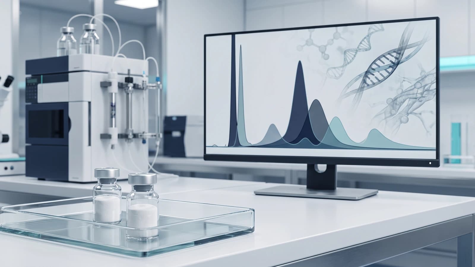 Analytical laboratory setup demonstrating peptide compounding safety, pH testing, and compatibility analysis for medspa formulations.