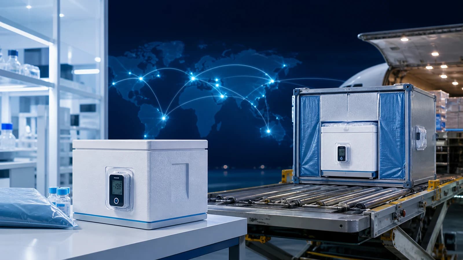 Qualified peptide cold-chain parcels moving from a biotechnology laboratory into global air-freight distribution