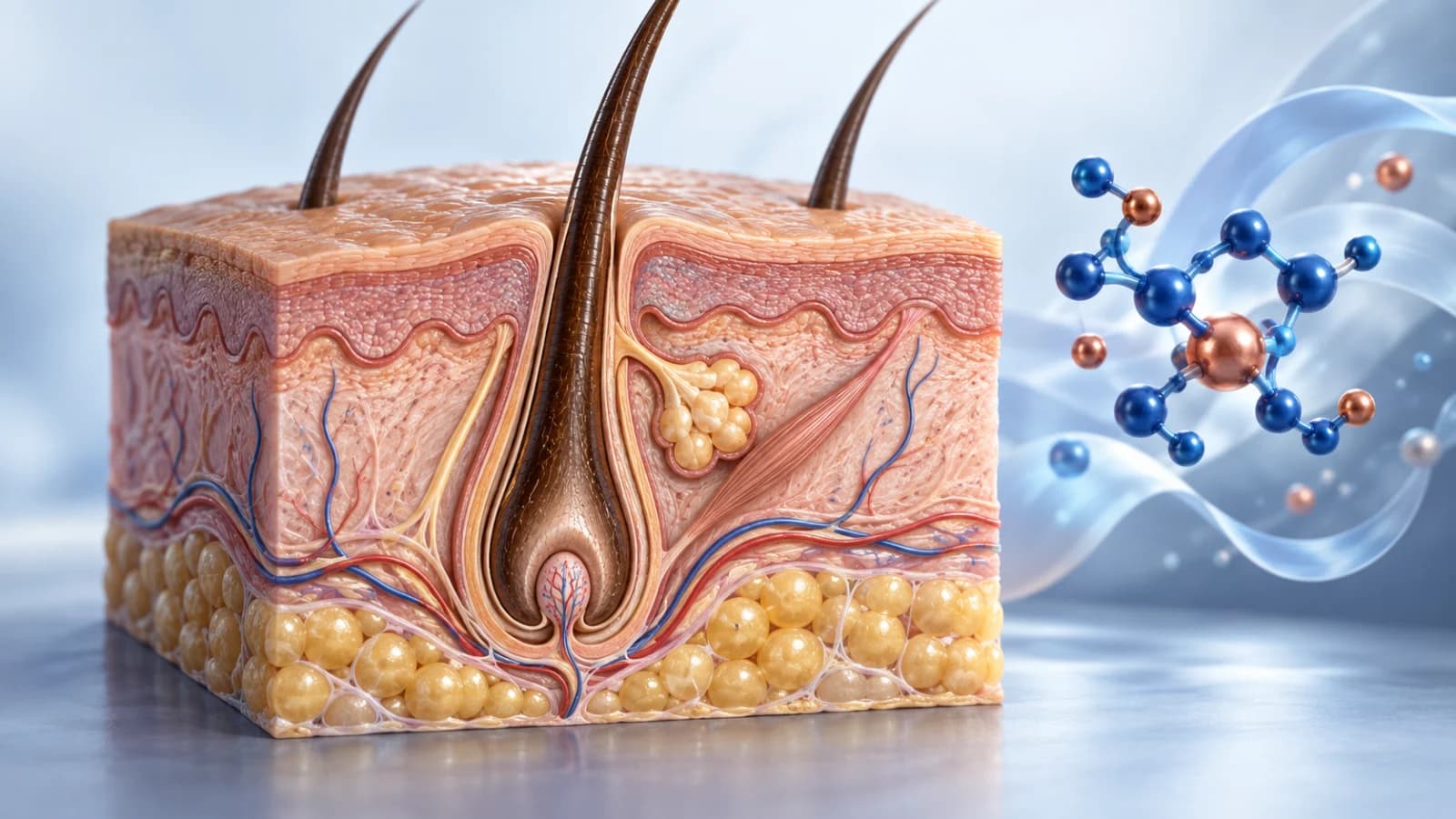 Scalp cross-section illustrating a hair follicle, root bulb and dermal papilla beside a conceptual blue and copper molecular motif