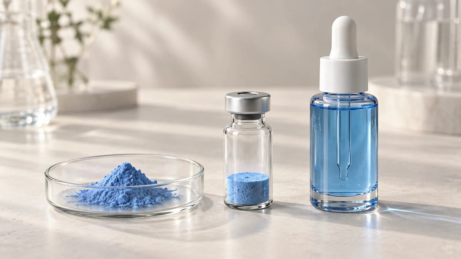 Illustrative still life of blue GHK-Cu powder, a lyophilized vial and a copper peptide serum bottle.