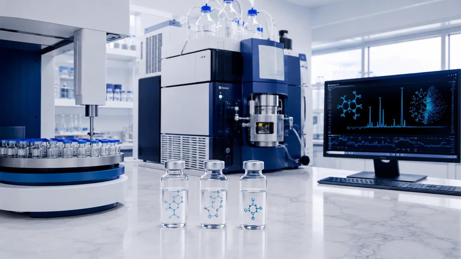 HPLC and LC-MS laboratory comparing semaglutide, tirzepatide, and retatrutide research samples