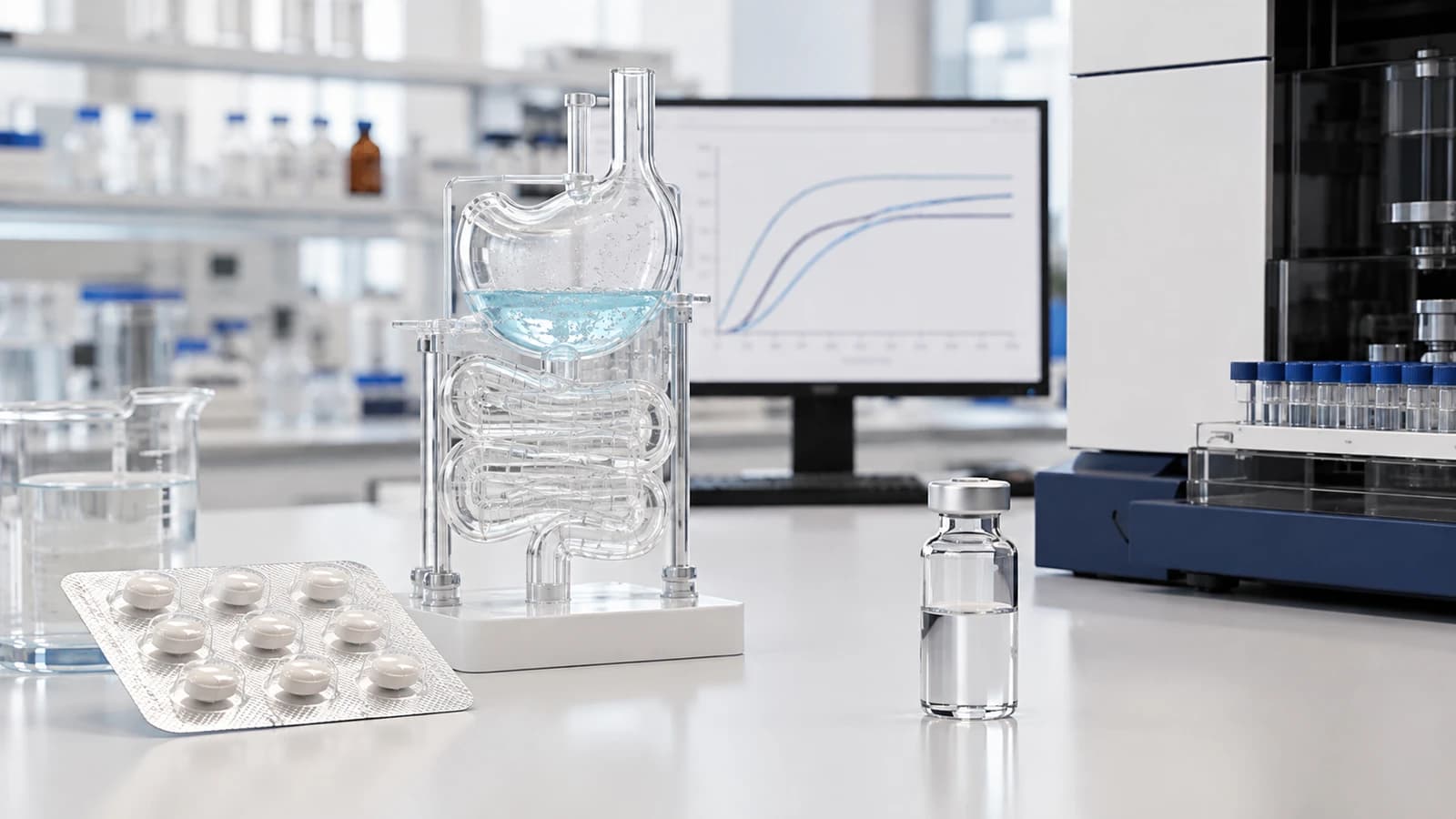 Pharmaceutical laboratory comparing an oral peptide tablet formulation with a lyophilized peptide vial and gastrointestinal absorption model