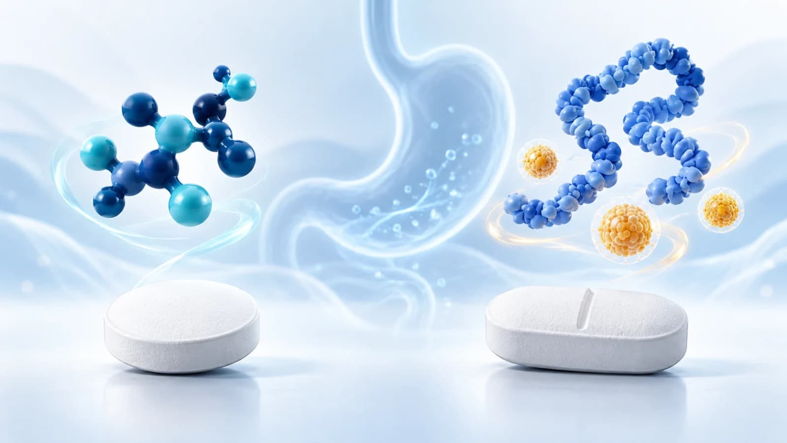 Conceptual oral GLP-1 comparison with two tablets, a compact molecular motif and a longer peptide-like chain