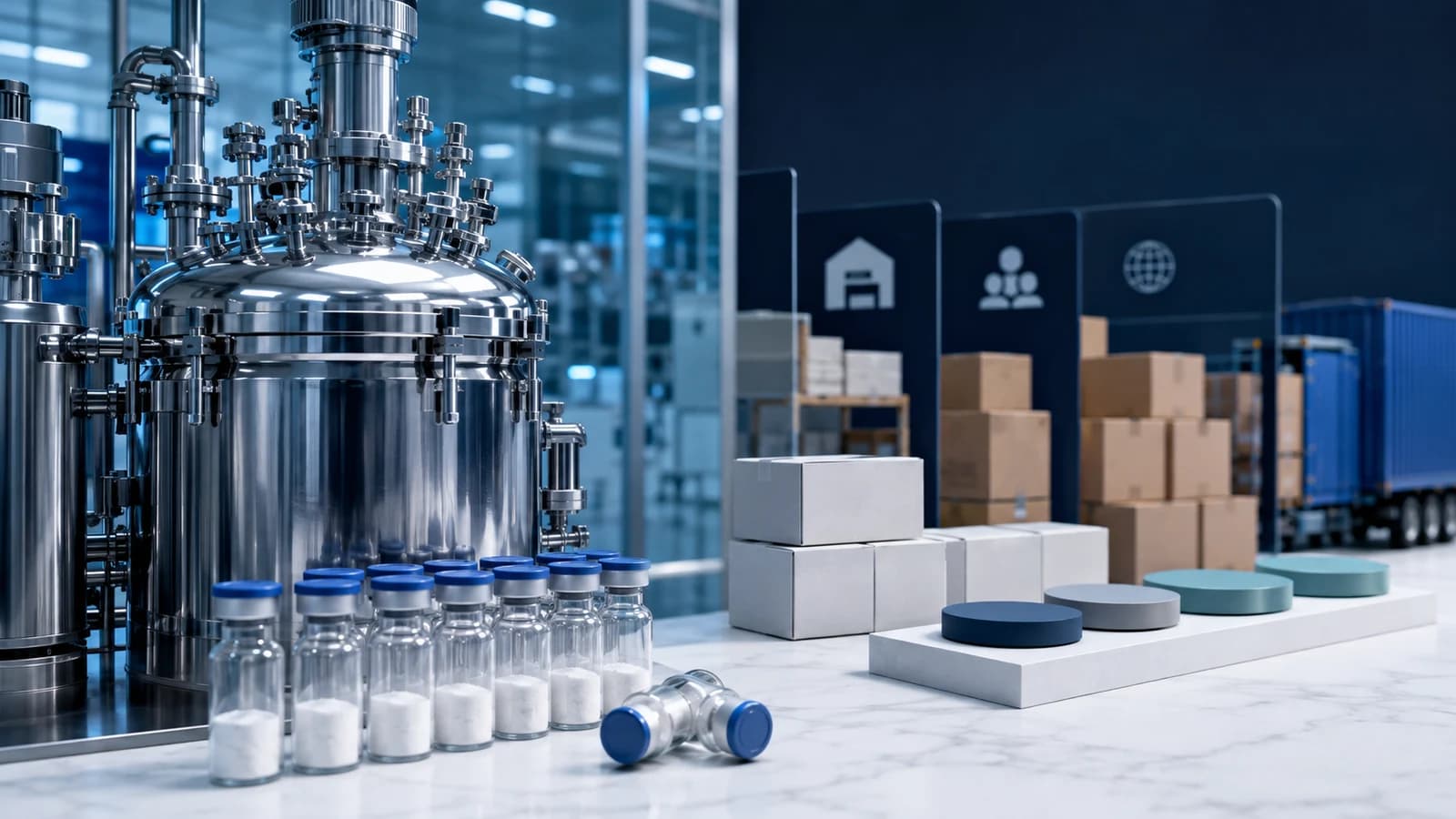 Peptide manufacturing reactor, lyophilized vials and distribution layers illustrating factory-to-clinic cost formation