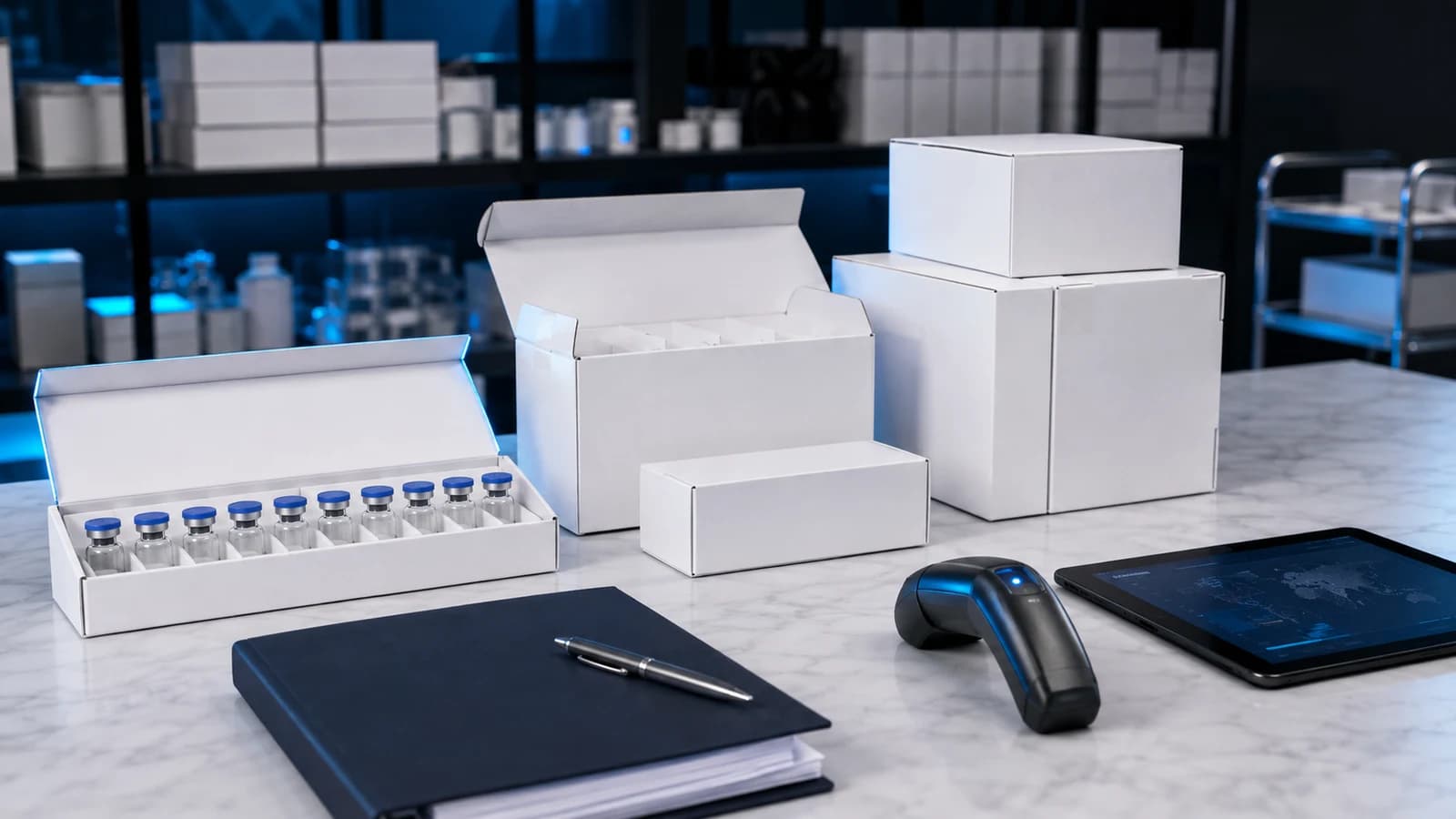 Peptide reseller fulfillment workspace with blank vial cartons, validation tray, inventory scanner and batch records