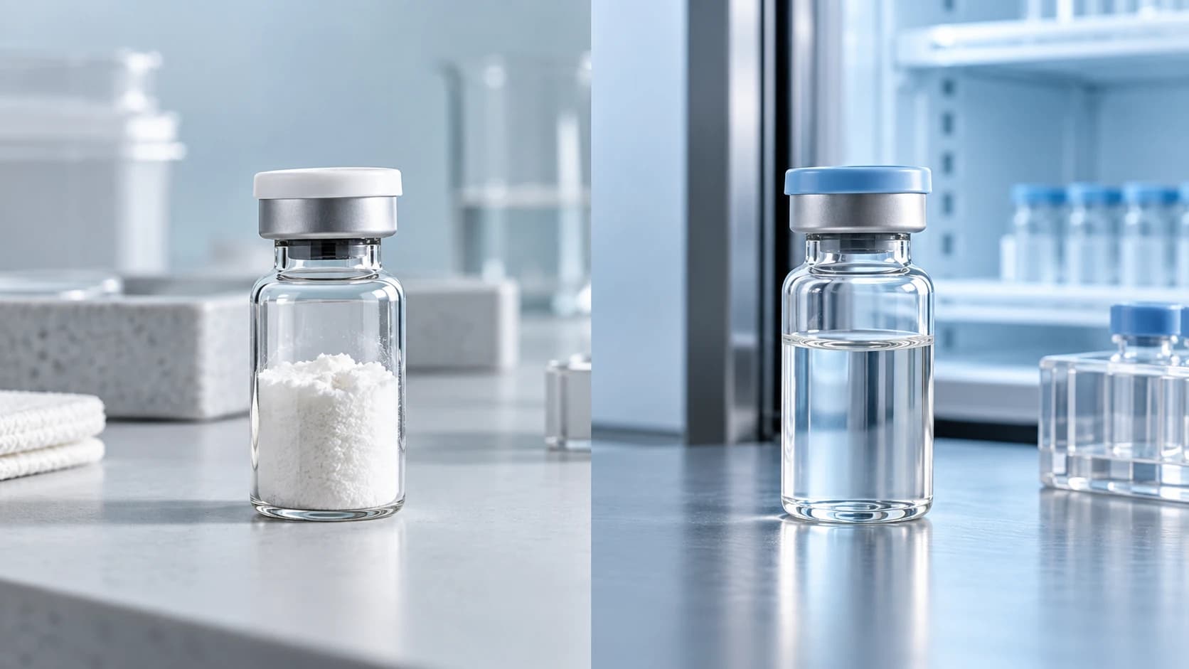 Sealed lyophilized research vial and laboratory sample glassware beside temperature monitoring equipment