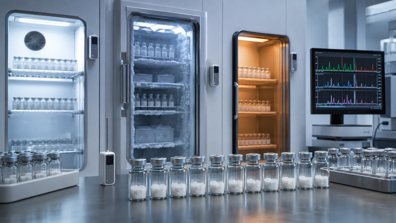 Pharmaceutical stability laboratory comparing refrigerated, frozen, and room-temperature storage of lyophilized peptide vials