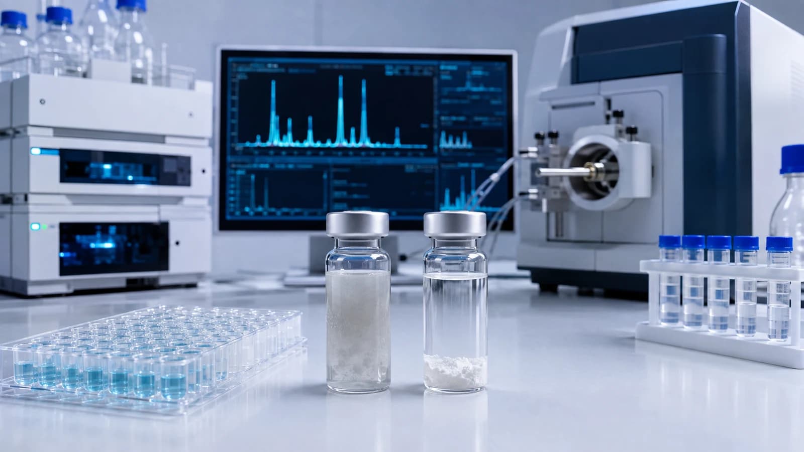 Pharmaceutical quality-control laboratory comparing suspect peptide vials with HPLC, mass spectrometry and endotoxin testing