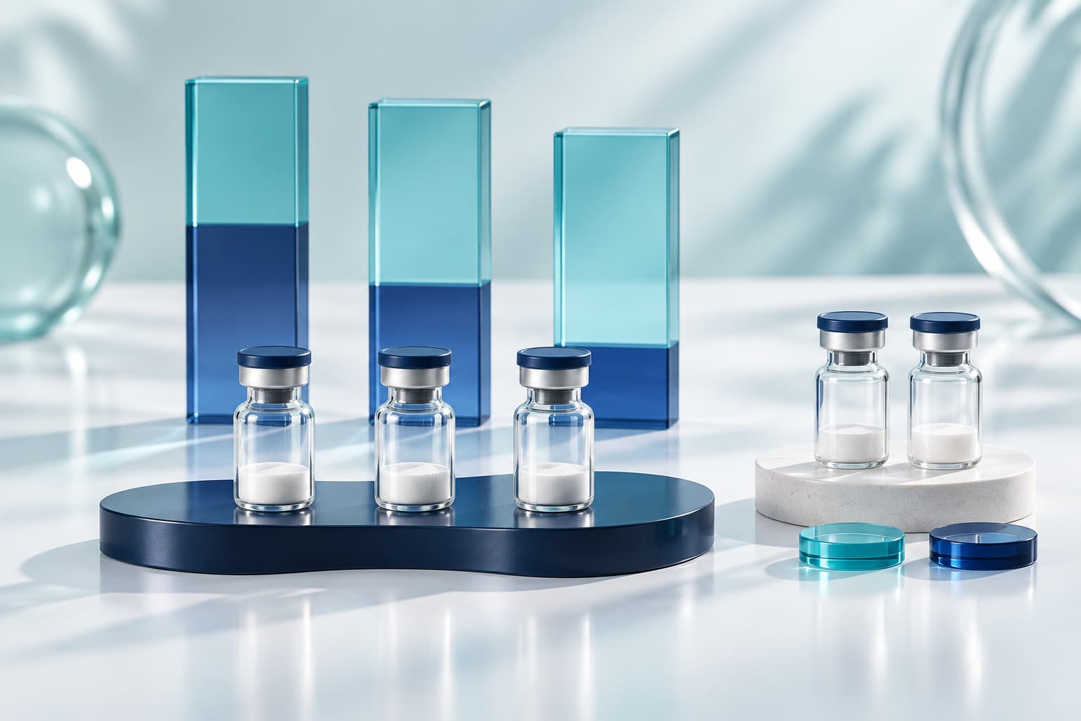 Conceptual illustration of unlabeled peptide vials with two-color glass forms representing blend proportions and a separate pair of vials.