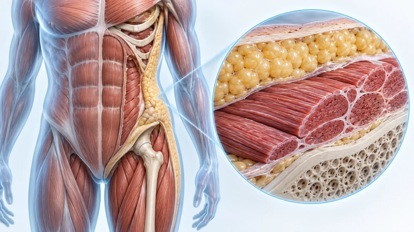 Body-composition illustration showing skeletal muscle, adipose tissue and bone in an anatomical model and magnified tissue section