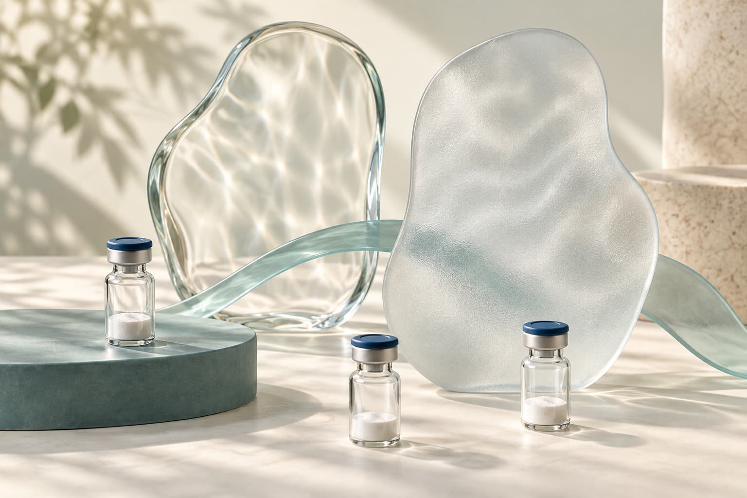Conceptual illustration of clear and frosted glass forms beside unlabeled peptide vials, representing formulation appearance.