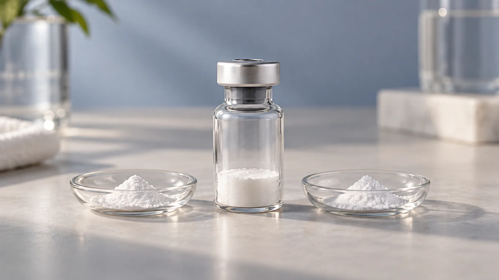 Illustrative still life of a lyophilized blend vial and two powder components in glass weighing dishes.