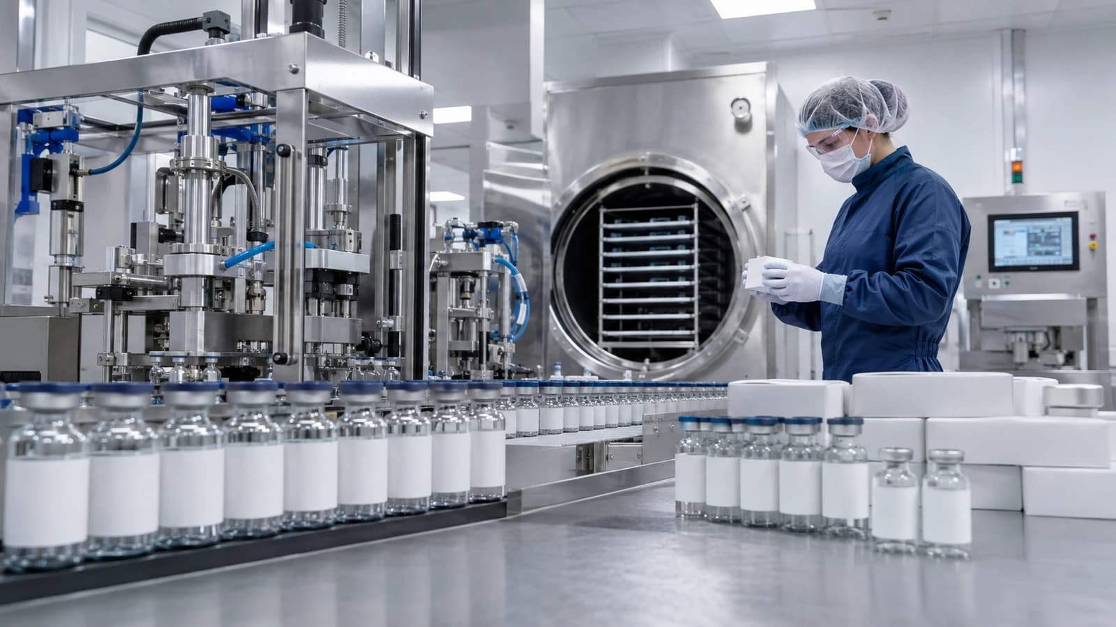 Sterile peptide OEM filling line and freeze dryer producing blank-label lyophilized vials for private-label batch release