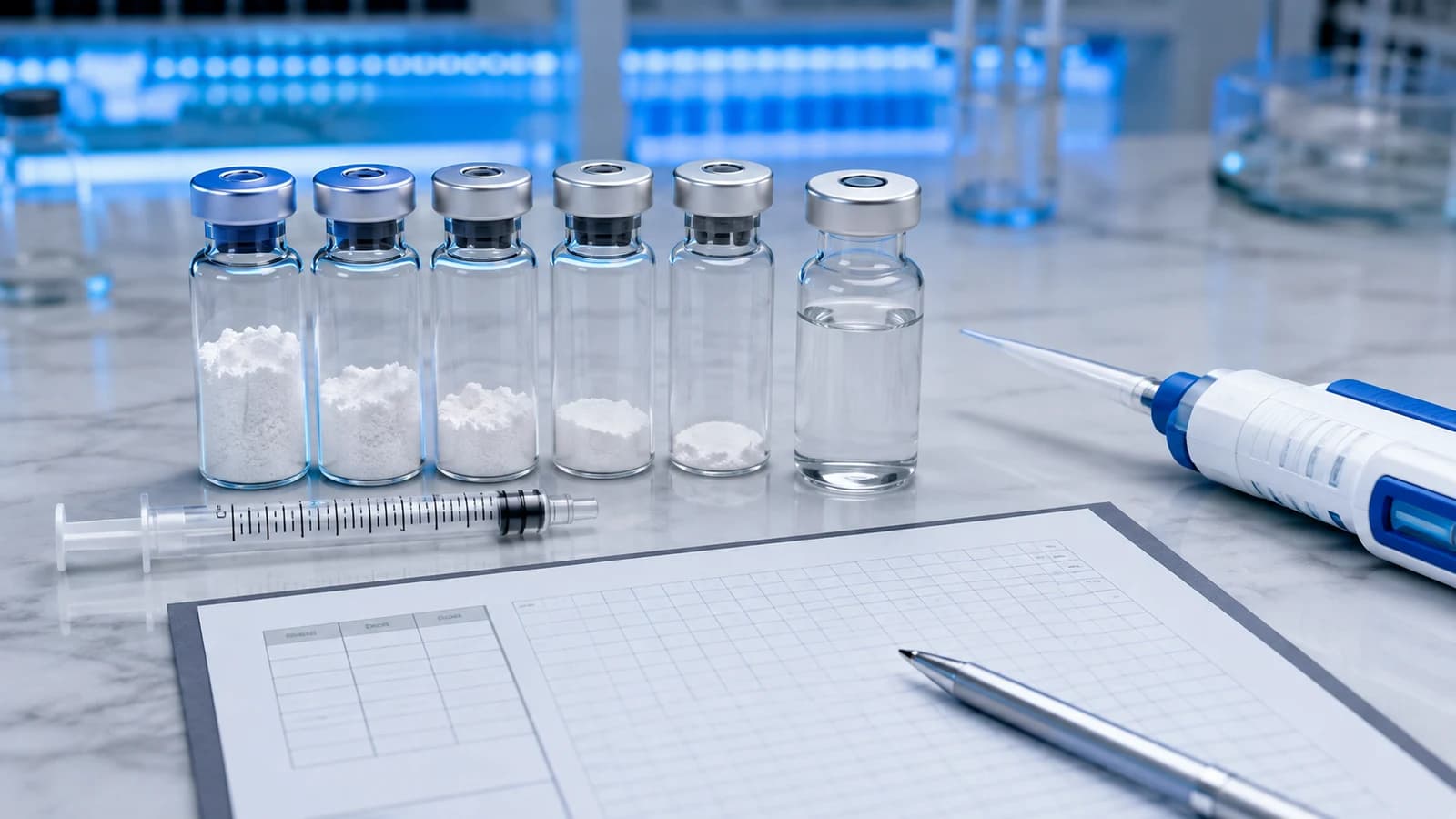Sterile laboratory reconstitution bench with peptide vials, calibrated syringe, diluent and dimensional-analysis worksheet
