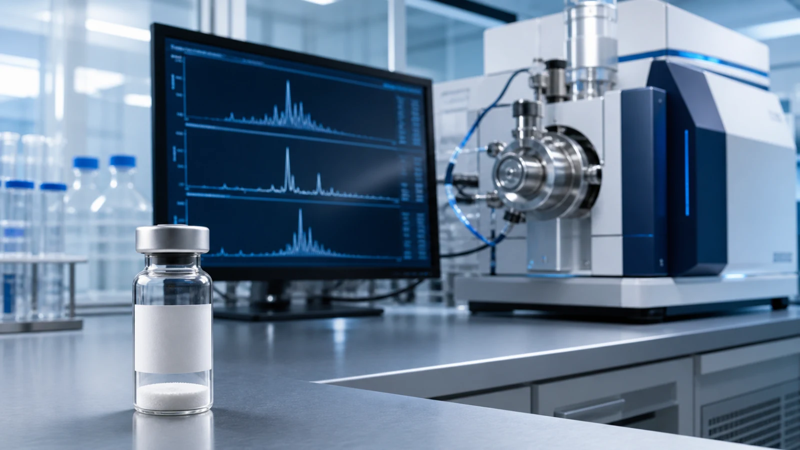 Analytical laboratory setup displaying retatrutide triple-agonist peptide vials, RP-HPLC chromatograms, and precision compounding equipment for bulk B2B procurement.