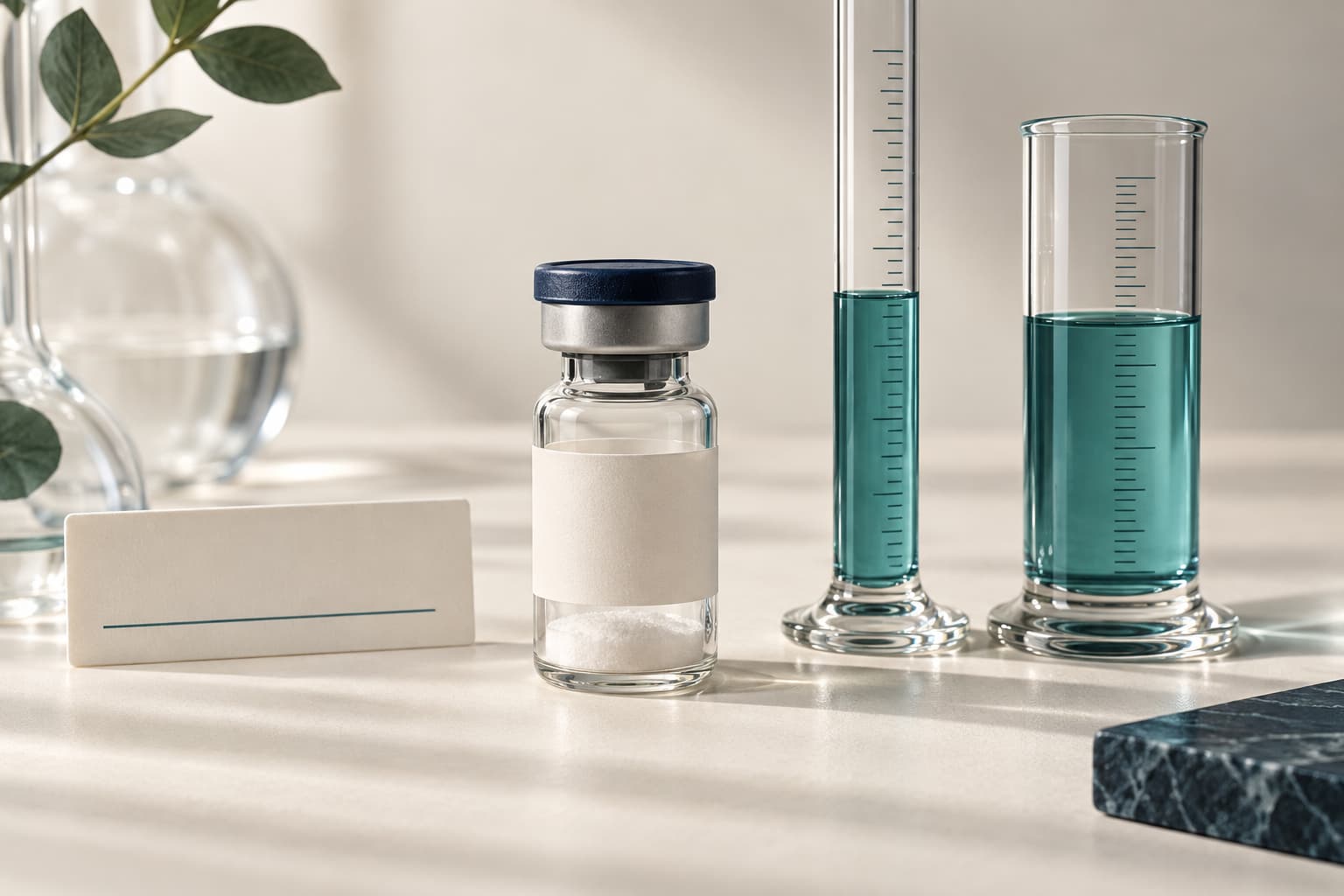 Illustrative still life of an unlabeled research vial and laboratory glassware with different liquid volumes.